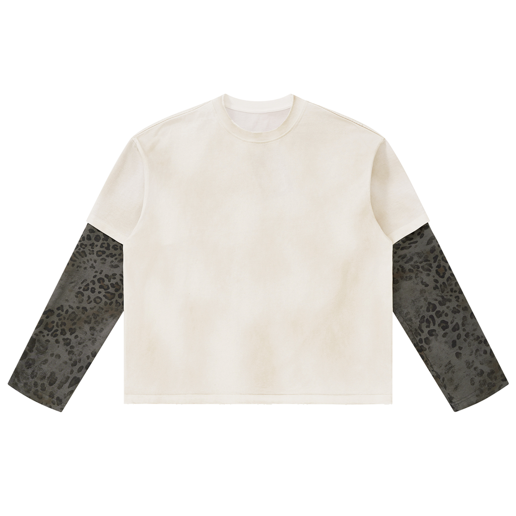 Unisex Vintage Wash Leopard Paneled Layer T-Shirt